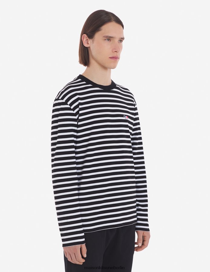 Kleidung V2DHL89 schwarze Streifen Männer Tricolor-Fuchs-Patch-T-Shirt in klassischem Marineblau Maison Kitsune