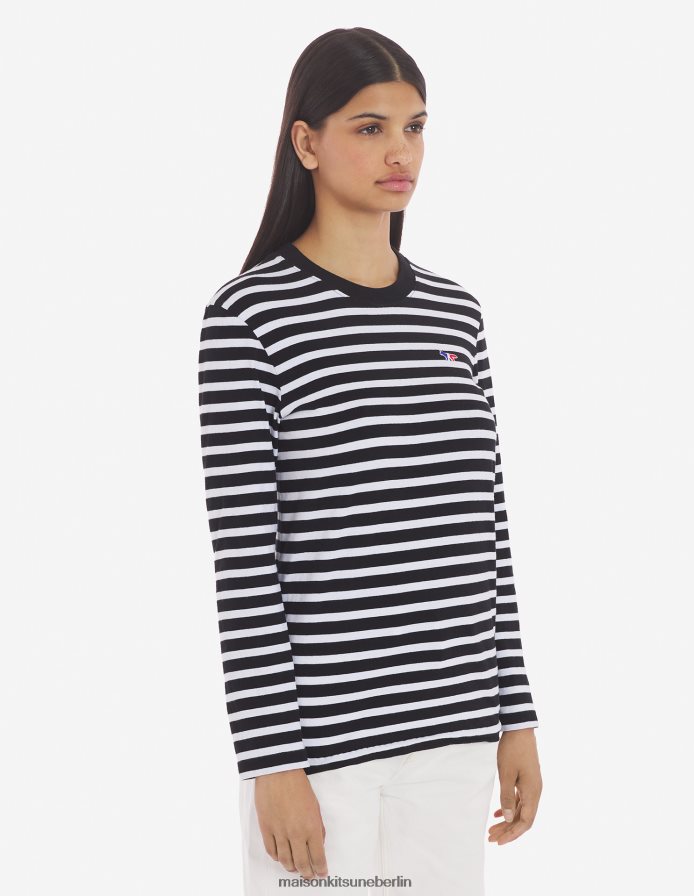 Kleidung V2DHL89 schwarze Streifen Männer Tricolor-Fuchs-Patch-T-Shirt in klassischem Marineblau Maison Kitsune