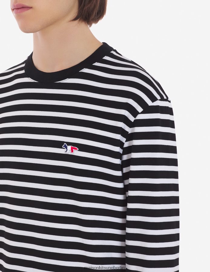 Kleidung V2DHL89 schwarze Streifen Männer Tricolor-Fuchs-Patch-T-Shirt in klassischem Marineblau Maison Kitsune