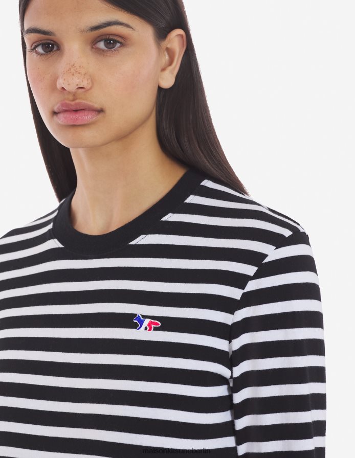 Kleidung V2DHL89 schwarze Streifen Männer Tricolor-Fuchs-Patch-T-Shirt in klassischem Marineblau Maison Kitsune