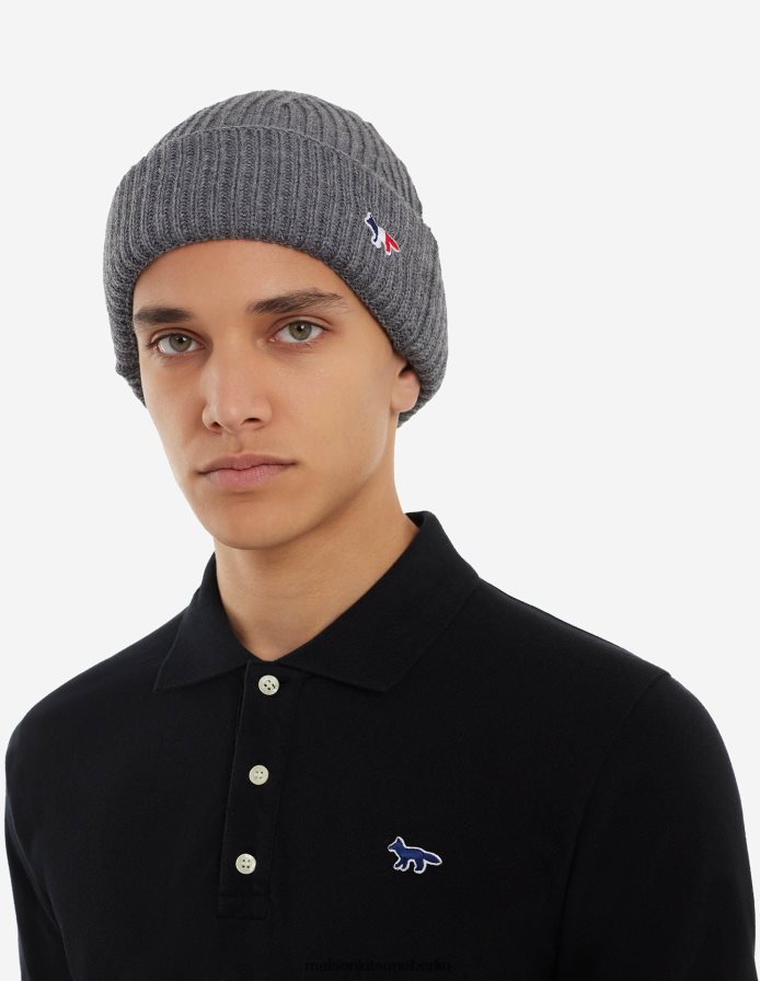Zubehörteil V2DHL557 graue Melange unisex Tricolor-Fuchs-Patch-Rippenhut Maison Kitsune