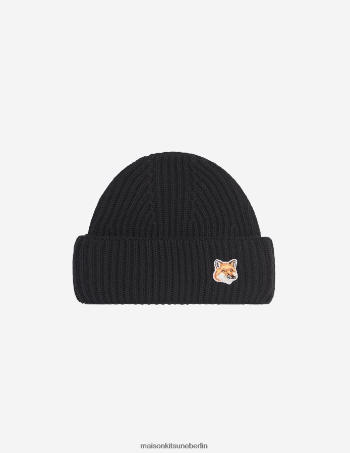 Zubehörteil V2DHL559 Schwarz unisex Gerippte Mütze mit Fuchskopf-Patch Maison Kitsune