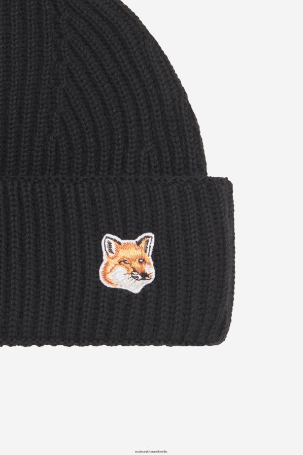 Zubehörteil V2DHL559 Schwarz unisex Gerippte Mütze mit Fuchskopf-Patch Maison Kitsune