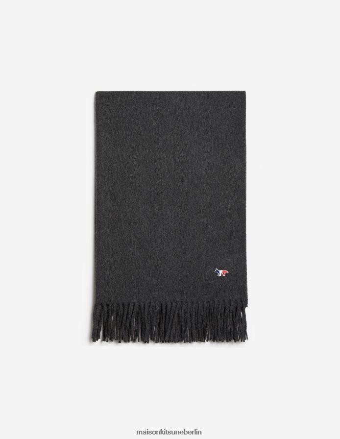 Zubehörteil V2DHL593 Anthrazit-Melange unisex Dreifarbiger Wollschal mit Fuchsaufnäher Maison Kitsune