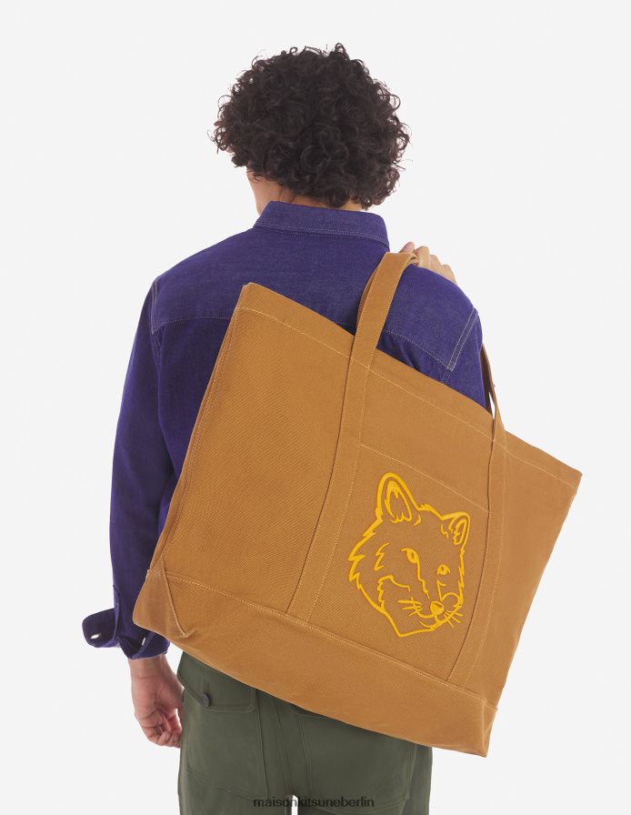 Zubehörteil V2DHL498 goldbraun unisex XL-Einkaufstasche mit auffälligem Fuchskopf Maison Kitsune